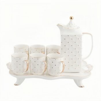 8-Piece Gold Dot Ceramic Royal Set for Home Use Wedding Gift with 6 Mugs Teapot and Tray for Afternoon Tea or Coffee，Gold Dot White