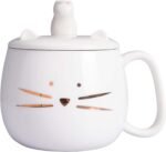 Unique Cat Coffee Mug with Lid for Cat Lover Cute Ceramic Tea Mugs with Holder for Cell Phone Porcelain Cup Have The Gold Kitten Gift for Women White