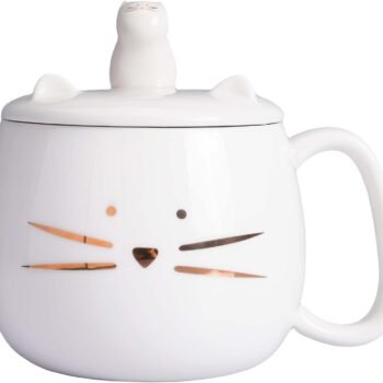 Unique Cat Coffee Mug with Lid for Cat Lover Cute Ceramic Tea Mugs with Holder for Cell Phone Porcelain Cup Have The Gold Kitten Gift for Women White