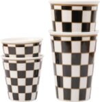 Checker Porcelain Cup Set of 4 (2 of 6-ounce Coffee Mugs and 2 of 13-ounce Cups) for Coffee Tea Cappucino, Handless Ceramic Mugs for Family
