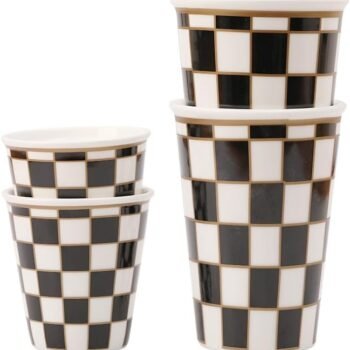 Checker Porcelain Cup Set of 4 (2 of 6-ounce Coffee Mugs and 2 of 13-ounce Cups) for Coffee Tea Cappucino, Handless Ceramic Mugs for Family