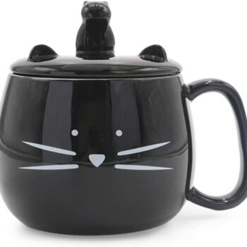 16OZ Cute Cat Coffee Mug with Cell Phone Holder Lid for Cat Lover Unique Ceramic Black Mugs Tea Cup Gift for Women