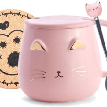 Pink Ceramic Coffee mug Cute Cat Handmade Tea Cups with Stainless Steel Spoon Kitty Cup Unique Hot chocolate Novelty mugs Christmas Birthday for Girls Women (Pink)