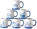 Large Coffee Mugs Set of 6, 18oz Ceramic Coffee Cups with Sea Life Textured Patterns for Tea Latte Cocoa. Easy to Hold&Clean, Dishwasher&Microwave Safe, Matt White