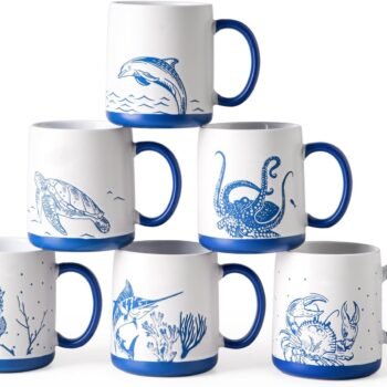 Large Coffee Mugs Set of 6, 18oz Ceramic Coffee Cups with Sea Life Textured Patterns for Tea Latte Cocoa. Easy to Hold&Clean, Dishwasher&Microwave Safe, Matt White