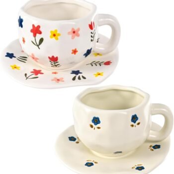 Ceramic Coffee Mug Vintage Flower Mugs 8 oz Cute Floral Coffee Mugs Irregular Latte Art Cup Lead-free Porcelain Cups for Cappuccino, Cocoa (Blue and Pink Mug with Saucers)