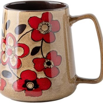 Large 24 oz Ceramic Coffee Mug with Handle, Vintage Floral Coffee Cup, Extra Big Tea Cup for Office and Home, Dishwasher and Microwave Safe, Khaki with Red Flower