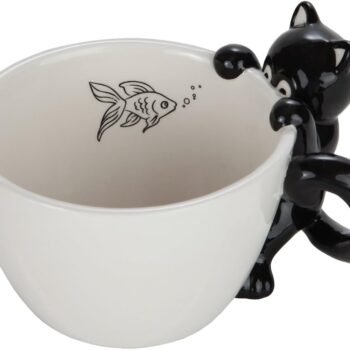 9 oz Cute Fishing Black Cat Mug for Coffee and Tea. Ceramic 3D Animal Mug for Cat Lovers.cat coffee cup.cute 3D cat design