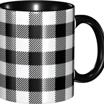 Plaid Black and White Check Coffee Mugs 11Oz Ceramic Mug Tea Cups for Drinking Home Office Party