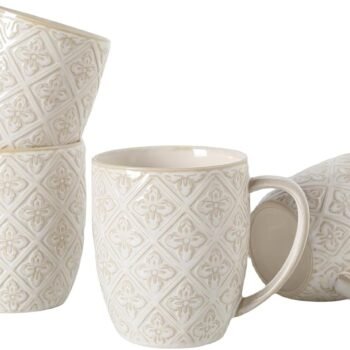 Coffee Mug Set of 4, 16 oz Large Ceramic Mugs, Porcelain Embossed Cups for Cocoa, Tea, Milk, Mocha, Cappuccino - Housewarming Present, Wedding Decoration, Dishwasher Safe, 3.5 x 4.5 inch