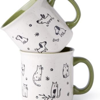 22 OZ Large Ceramic Coffee Mugs Set of 2, Oversized Mugs With Big Handle for Men Women Dad Mom, Big Mug With Textured Dogs Cats Patterns for Office & Home -Microwave Safe, 2 Pcs-Green