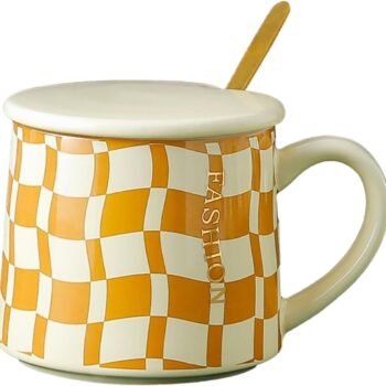 300ml/10oz Retro Checkerboard Ceramic Mug Office Home Coffee And Milk Cup-C-style (lid+spoon)