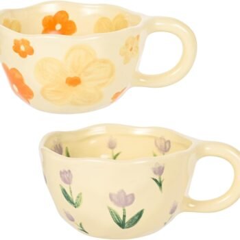 Cute Coffee Mug Set of 2 Vintage Flower Mugs 8 oz Ceramic Floral Coffee Mugs Irregular Latte Art Cup Lead-free Porcelain Cups for Cappuccino, Cocoa (Orange Flowers and Purple Tulips)