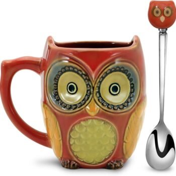 3D Coffee Mug Funny Cute Owl Ceramic Cup Coffee Mug with spoon Tea Mugs Set for Women and girls 12 oz Red