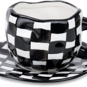 Checkered Mug Ceramic Checker Tea Cup and Saucer Set 10 oz