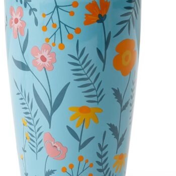Ceramic Travel Mug with Lid, Flower Pattern Double Wall Coffee Mug with Lid Coffee Mug Tumbler, Reusable Tall Cup, Splash Resistant Lid, Dishwasher Microwaveable Safe,Blue