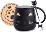 Pink Ceramic Coffee mug Cute Cat Handmade Tea Cups with Stainless Steel Spoon Kitty Cup Unique Hot chocolate Novelty mugs Christmas Birthday for Girls Women (Black)