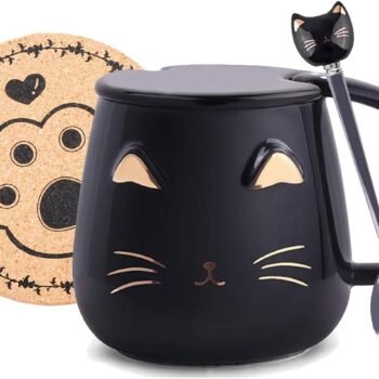 Pink Ceramic Coffee mug Cute Cat Handmade Tea Cups with Stainless Steel Spoon Kitty Cup Unique Hot chocolate Novelty mugs Christmas Birthday for Girls Women (Black)