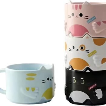 Stackable Mug Set of 4, Adorable Ceramic Coffee Mugs with Funny Cartoon Cat Designs, Perfect Gifts for Parties, Christmas, and Cat Lovers, 10 oz