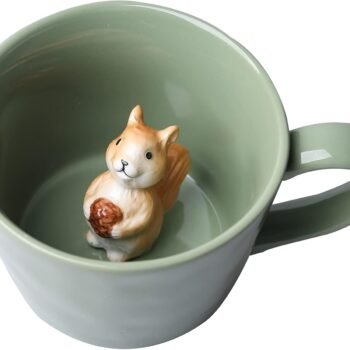 Squirrel Ceramic Cup Hidden 3D Animal Inside Mug,Cute Cartoon Handmade Figurine Mugs,Holiday and Birthday Gift for Coffee Milk Tea Lovers,12 OZ(Light Green)