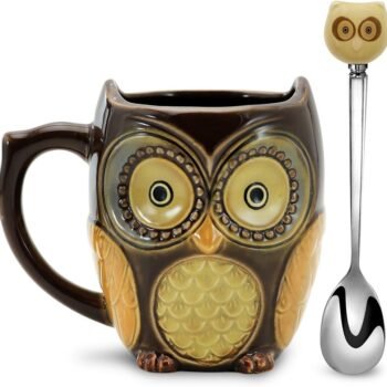 3D Coffee Mug Funny Cute Owl Ceramic Cup Coffee Mug with spoon Tea Mugs Set for Women and girls 12 oz Brown
