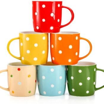 6 Pack Polka Dot Coffee Mugs, 12 Oz Ceramic Coffee Mugs Colorful Porcelain Mug Set for Coffee, Tea, Milk, Hot Chocolate