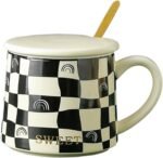 300ml/10oz Retro Checkerboard Ceramic Mug Office Home Coffee And Milk Cup-B model (lid+spoon)