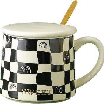 300ml/10oz Retro Checkerboard Ceramic Mug Office Home Coffee And Milk Cup-B model (lid+spoon)
