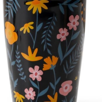 Ceramic Travel Mug with Lid, Flower Pattern Black Double Wall Coffee Mug Tumbler, Reusable Tall Cup, Splash Resistant Lid, Dishwasher Microwaveable Safe