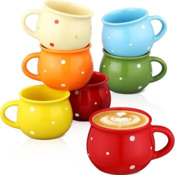 6 Pcs Polka Dot Creative Coffee Mugs 10 oz Hot Chocolate Mugs Flat Bottom Coffee Cups with Handle Ceramic Porcelain Dinnerware for Kids Birthday Gift, Assorted Color