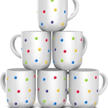 Set of 6 Large 16 Ounce Ceramic Coffee Mugs (White Polka Dot)