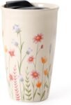 Ceramic Travel Mug with Lid, Flower Pattern Beige Double Wall Coffee Mug Tumbler, Reusable Tall Cup, Splash Resistant Lid, Dishwasher Microwaveable Safe