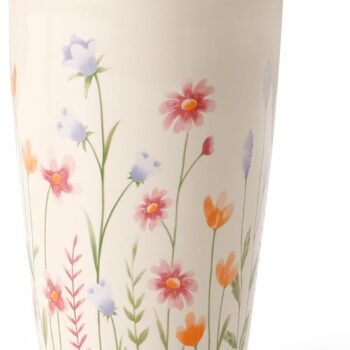 Ceramic Travel Mug with Lid, Flower Pattern Beige Double Wall Coffee Mug Tumbler, Reusable Tall Cup, Splash Resistant Lid, Dishwasher Microwaveable Safe
