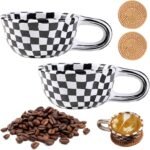 Brown Checkered Coffee Mug, 2PCS, 199.98ml, Ceramic, Chic, Reusable, Cylindrical, Holiday, Chessboard Pattern, Adult, Home, Hot Drinks