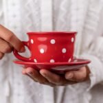 Handmade Red and White Polka Dot Ceramic 8.4oz/250ml | Cappuccino, Coffee, Tea Cup and Saucer, Unique Designer Pottery for Tea Lovers