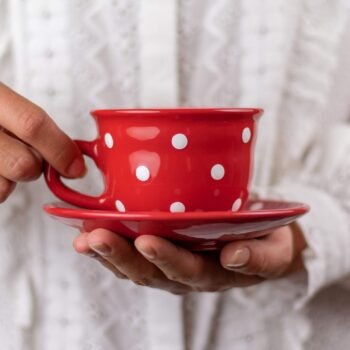Handmade Red and White Polka Dot Ceramic 8.4oz/250ml | Cappuccino, Coffee, Tea Cup and Saucer, Unique Designer Pottery for Tea Lovers