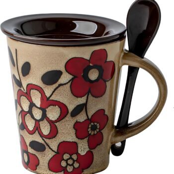 12oz/350ml Ceramic Coffee Mug with Lid and Spoon,Hand Painted Vintage Floral Cute Espresso Cups,Tea Cup for Office and Home,Great for Tea, Latte, Cappuccino,Microwave and Dishwasher Safe