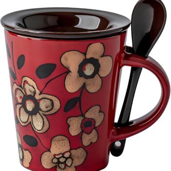 12oz/350ml Ceramic Coffee Mug with Lid and Spoon,Hand Painted Vintage Floral Cute Espresso Cups,Tea Cup for Office and Home,Great for Tea, Latte, Cappuccino,Microwave and Dishwasher Safe