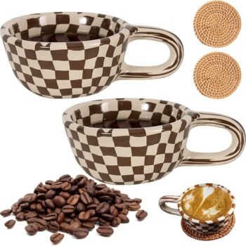 Checkerboard Coffee Mug, Brown Checkered Cup With Saucer for Office and Home, Novelty Black and White Plaid Tea Cup for Housewarming Gift (2PCS)
