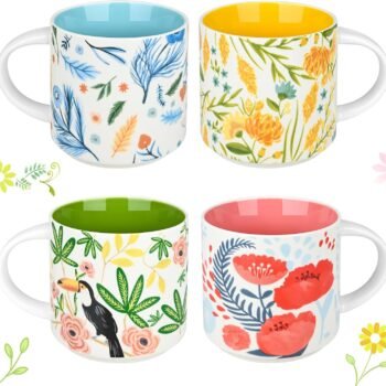 Ceramic Coffee Mugs Set of 4, 16 oz Large Spring Flower Mugs Vintage Floral Coffee Cups with Handles Cute Aesthetic Easter Mug Solid Restaurant Porcelain Tea Mug - Gifts for Women Mom