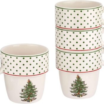 Christmas Tree Polka Dot Stackable Mugs, Set of 4 - Festive 10oz Mugs for Hot Chocolate and Coffee, Space-Saving Design, Dishwasher, Microwave, Freezer Safe - Fine Earthenware Holiday Mugs