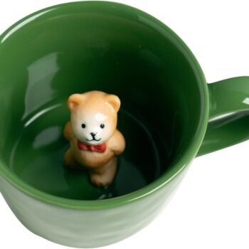 Bow Tie Bear Coffee Cup Hidden Ceramic Animal Inside Mug,Cute Cartoon Handmade Figurine Mugs,Holiday and Birthday Gift for Coffee Milk Tea Lovers,12 Oz(Green)