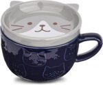 Cute Ceramic Cat Coffee Mug with Lid,Kawaii Coffee Mugs or Tea Cups for Cat Lovers,Funny Novelty Cat Breakfast Mugs for Women Wife Mum Girls Boys Friends Kids Christmas Birthday Gift,300ML（Blue）