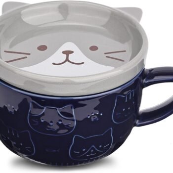 Cute Ceramic Cat Coffee Mug with Lid,Kawaii Coffee Mugs or Tea Cups for Cat Lovers,Funny Novelty Cat Breakfast Mugs for Women Wife Mum Girls Boys Friends Kids Christmas Birthday Gift,300ML（Blue）