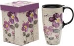 Tall Ceramic Travel Mug 17 oz. Coffee Cups Sealed Lid With Color Box (Purple Flower)