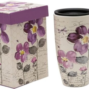 Tall Ceramic Travel Mug 17 oz. Coffee Cups Sealed Lid With Color Box (Purple Flower)