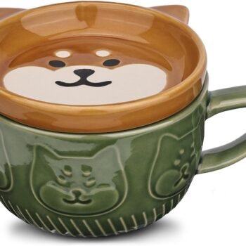 Cute Ceramic Dog Coffee Mug with Lid,Kawaii Coffee Mugs or Tea Cups for Dog Lovers,Funny Novelty Dog Breakfast Mugs for Women Wife Mum Girls Boys Friends Kids Christmas Birthday Gift,300ML（Green）
