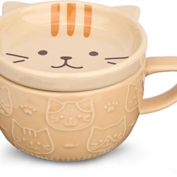 Cute Ceramic Cat Coffee Mug with Lid,Kawaii Coffee Mugs or Tea Cups for Cat Lovers,Funny Novelty Cat Breakfast Mugs for Women Wife Mum Girls Boys Friends Kids Christmas Birthday Gift,300ML（Yellow）