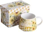 Ceramic Travel Mug Porcelain Coffee Cups With Handle and Gift Box 12 oz, Sunflower