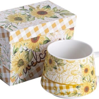 Ceramic Travel Mug Porcelain Coffee Cups With Handle and Gift Box 12 oz, Sunflower